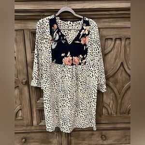 EUC Women’s BEESON RIVER Black/White/Pink Floral Polka Dot Dress (Large)